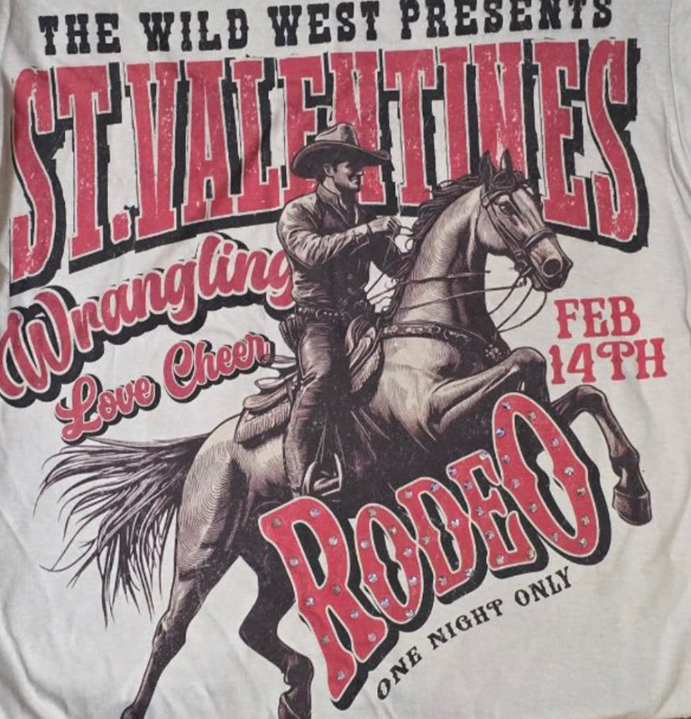 T-shirt with a cowboy graphic and text about a St. Valentine's Rodeo event.