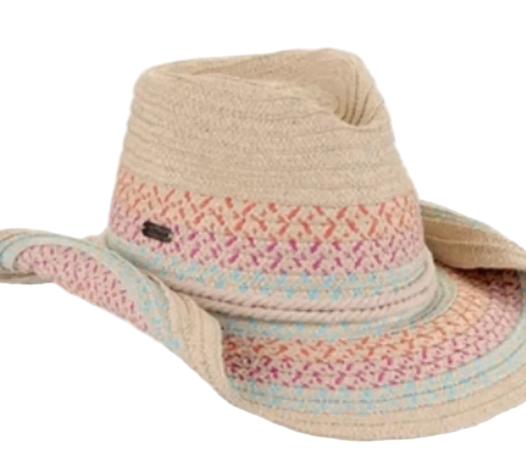 Woven hat with colorful band on a white background